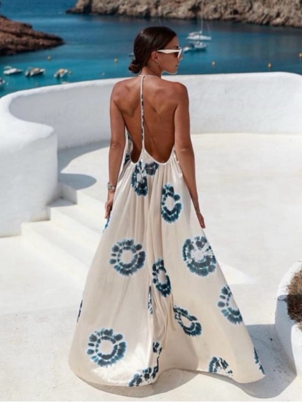 Boho Tie-Dye Maxi Dress in Cream and Navy - Picture 2 of 8